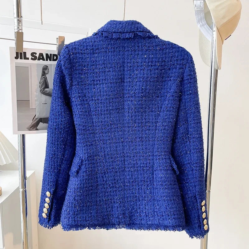 Classic Blue Woolen Cloth New in Outwears Ladies Lion Head Gold Buttons  Blazer Jackets Female Lantern Sleeves Women Clothing