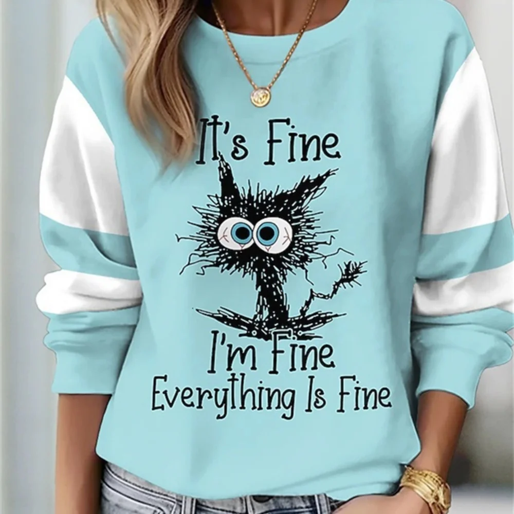 Moletom feminino pulôver poliéster floral gato rua casual vintage esportes básico em torno do pescoço manga longa topo comfrt macio 2026