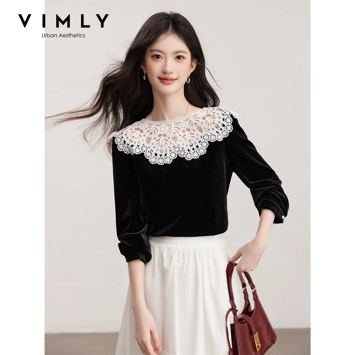 VIMLY Black French Velvet Shirt 2026 Fall Fashion Lace Splicing Design Round Neck Blouse Elegant Long Sleeve Top Female A3881