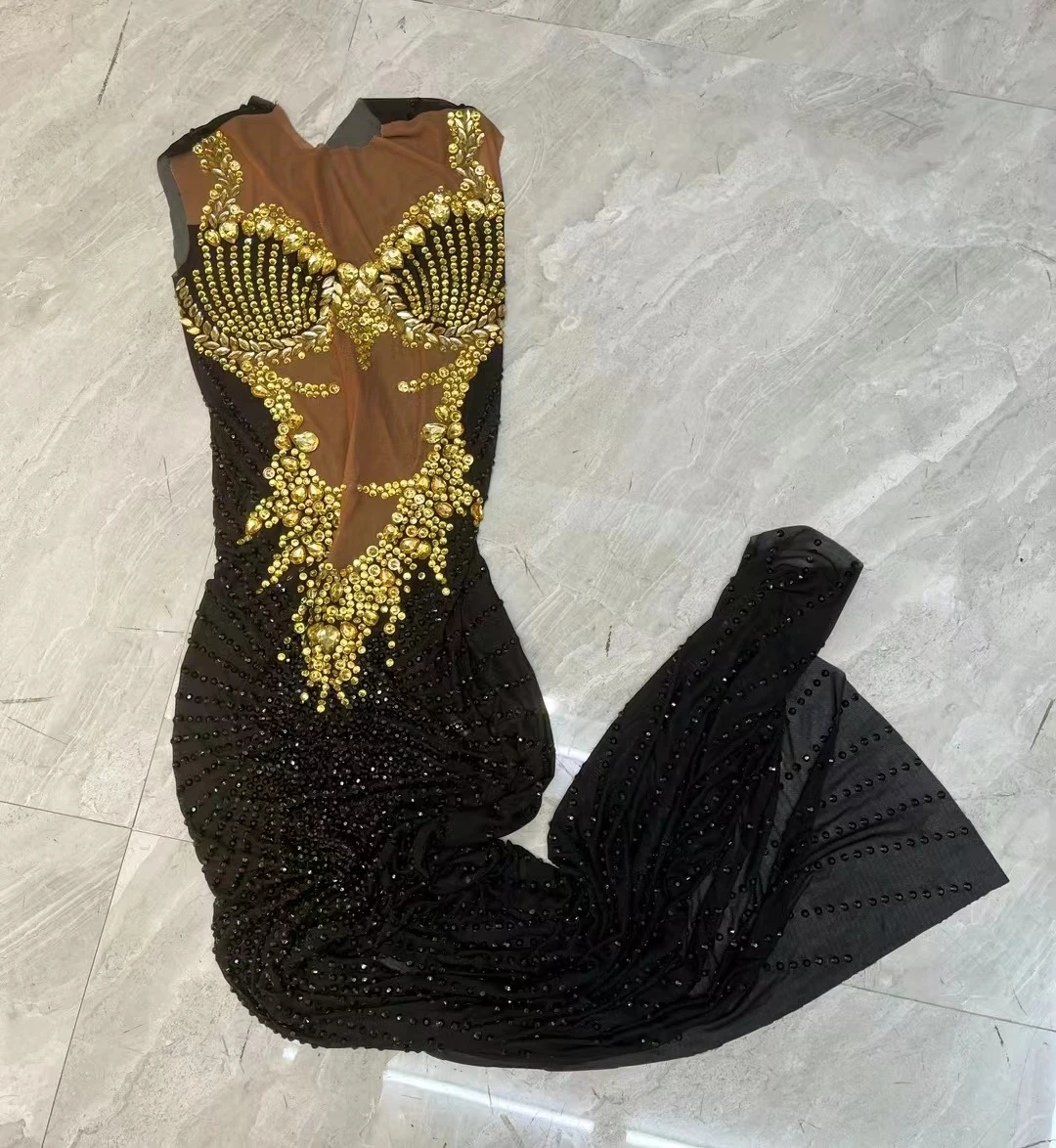 Long Dress Celebration Gown Gold Black Luxury Evening Party Birthday Rhinestones Mesh Sleeveless Singer Model Catwalk Costume