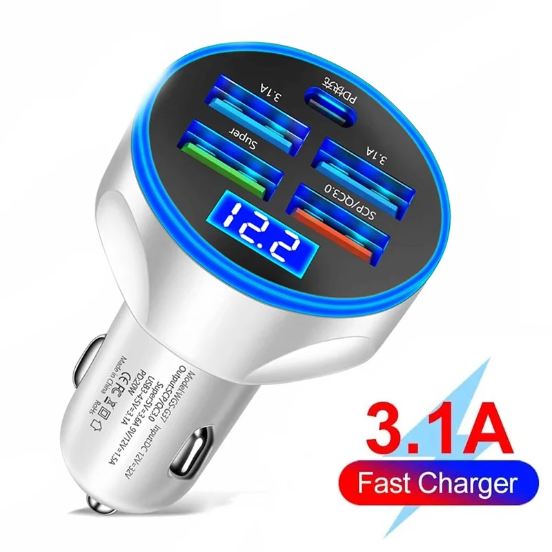 250W Driving Travel Charging 5 Port Car Charger LED Digital Display For iPhone Xiaomi Huawei Realme OPPO Super Fast Charging Kit