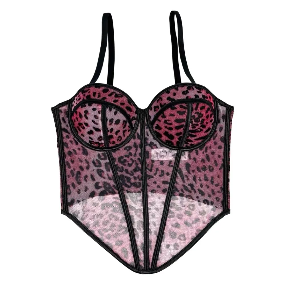Spicy Girl Style Slim Fit Leopard Print Fishbone Camisole Sleeveless Buckle Suspender Vest Streetwear Tanks Crop Tops Nightclub