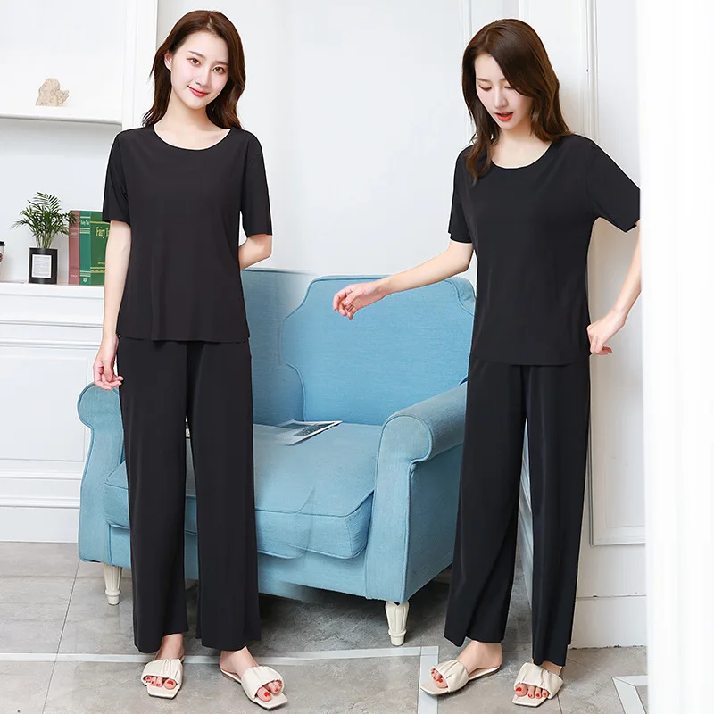 

Summer Women's Trousers Suit Loose Ice Silk Cool Thin Top Wide-Leg Pants Homewear Casual Simple Sexy Pjs Women Pajamas Sleepwear