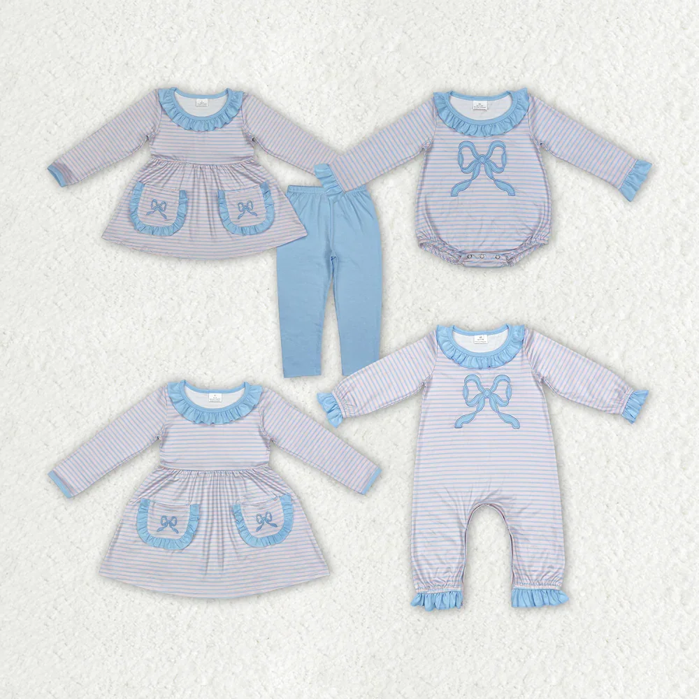 

Sibling Girls Pink Stripes Bows Pockets Rompers Dresses Sets