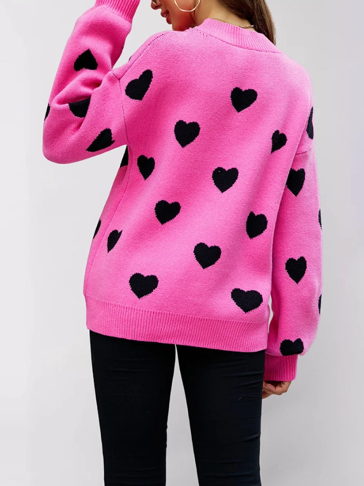 Y2k O-Neck Kawaii Pullover Women Loose Jumper Long Lantern Sleeve Knitwear Female 2026 Autumn Heart Print Women Sweater