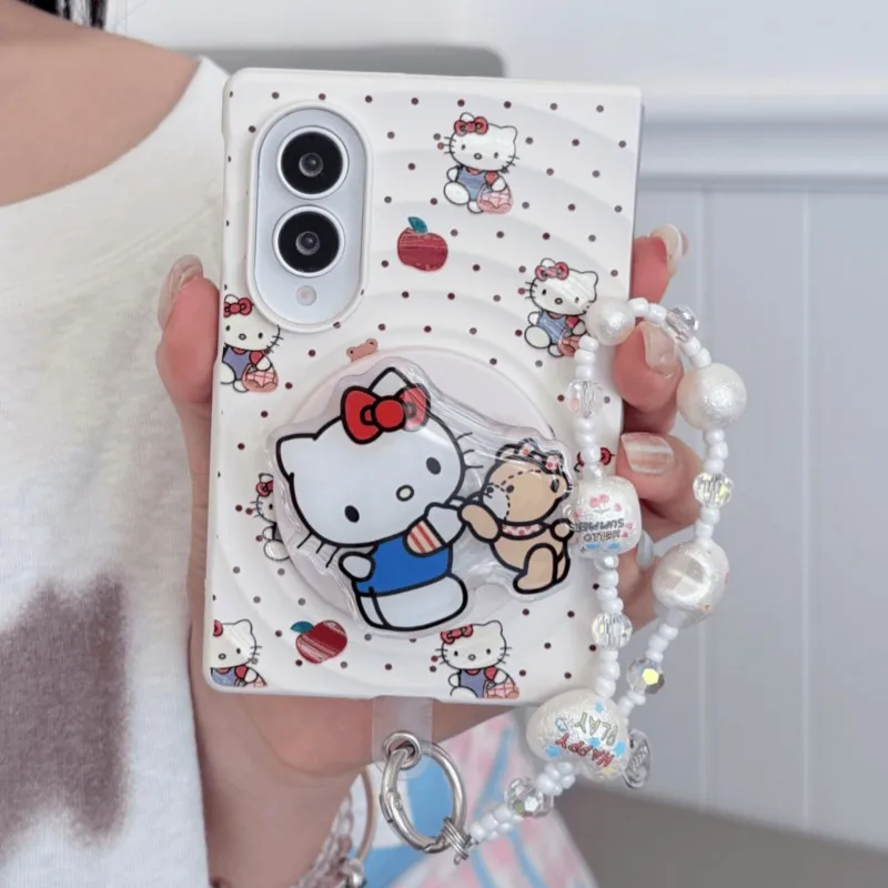 Cute Hello Kitty Magnetic Wavy Case for Samsung Galaxy Z Fold 8 Magsafe Grip Stand Pearl Bracelet Chain Cute Cartoon Phone Cover