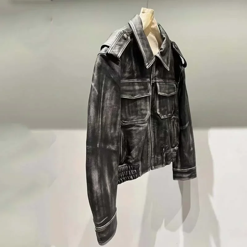 ใหม่ 2025 ของแท้หนังหนังผู้ชายแฟชั่น Turn-Down COLLAR แขนสั้น Handwear ฝีมือสั้นความยาวแขนยาว
