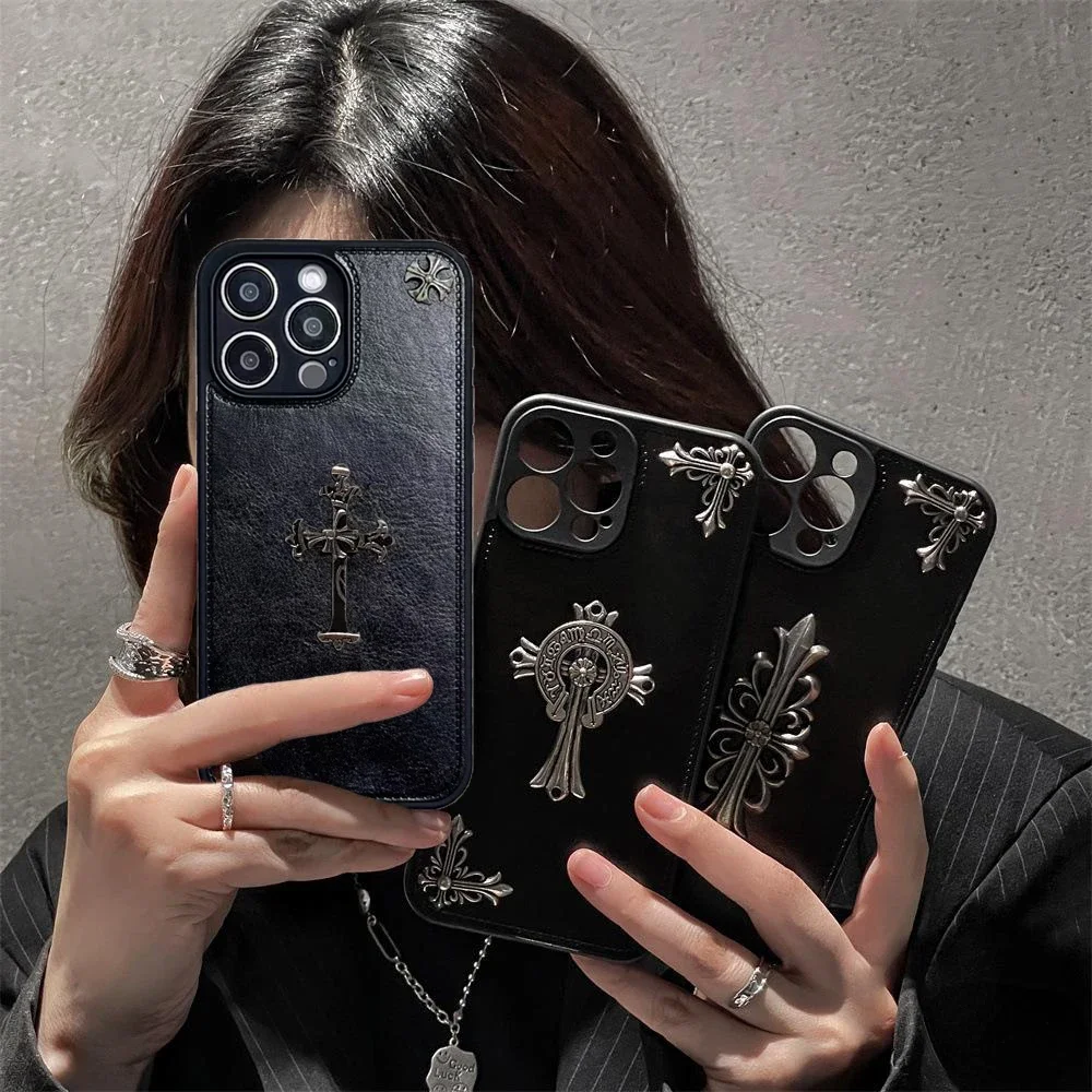 Luxury Gothic High Grade Black Leather Phone Case for IPhone 16 15 14 ProMax 16Pro 15Pro Crocentric Tide Fashion Protect Cover