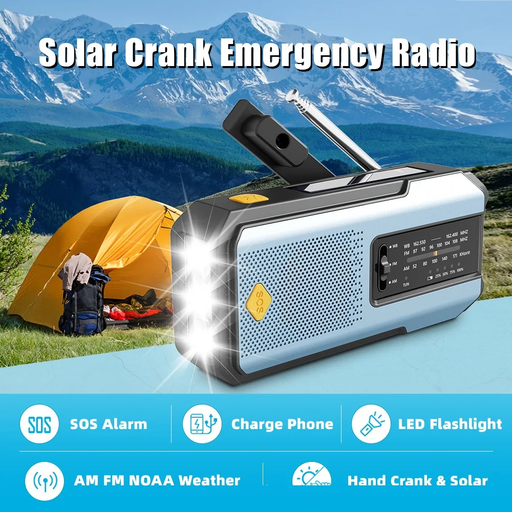 40xrádio portátil com manivela, rádio meteorológico de emergência noaa, movido a energia solar, am/fm, sos, lanterna 2000mah recarregável powerbank