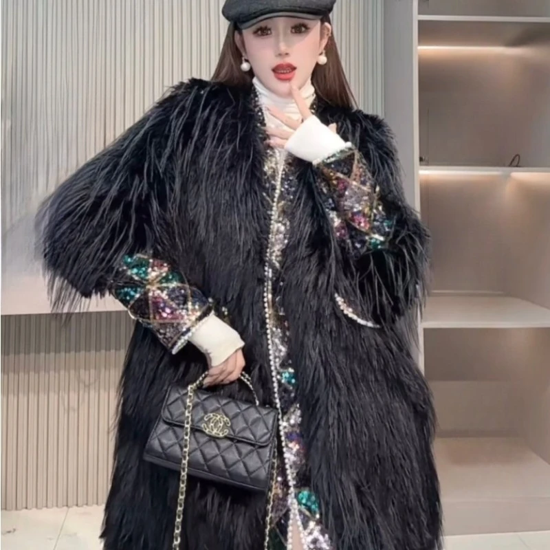 ใหม่ฤดูใบไม้ร่วงฤดูหนาวแฟชั่นขายดี Heavy-Duty หนัง Faux FUR Sequins Stylish หนาอ่อนเยาว์จับคู่กับพู่