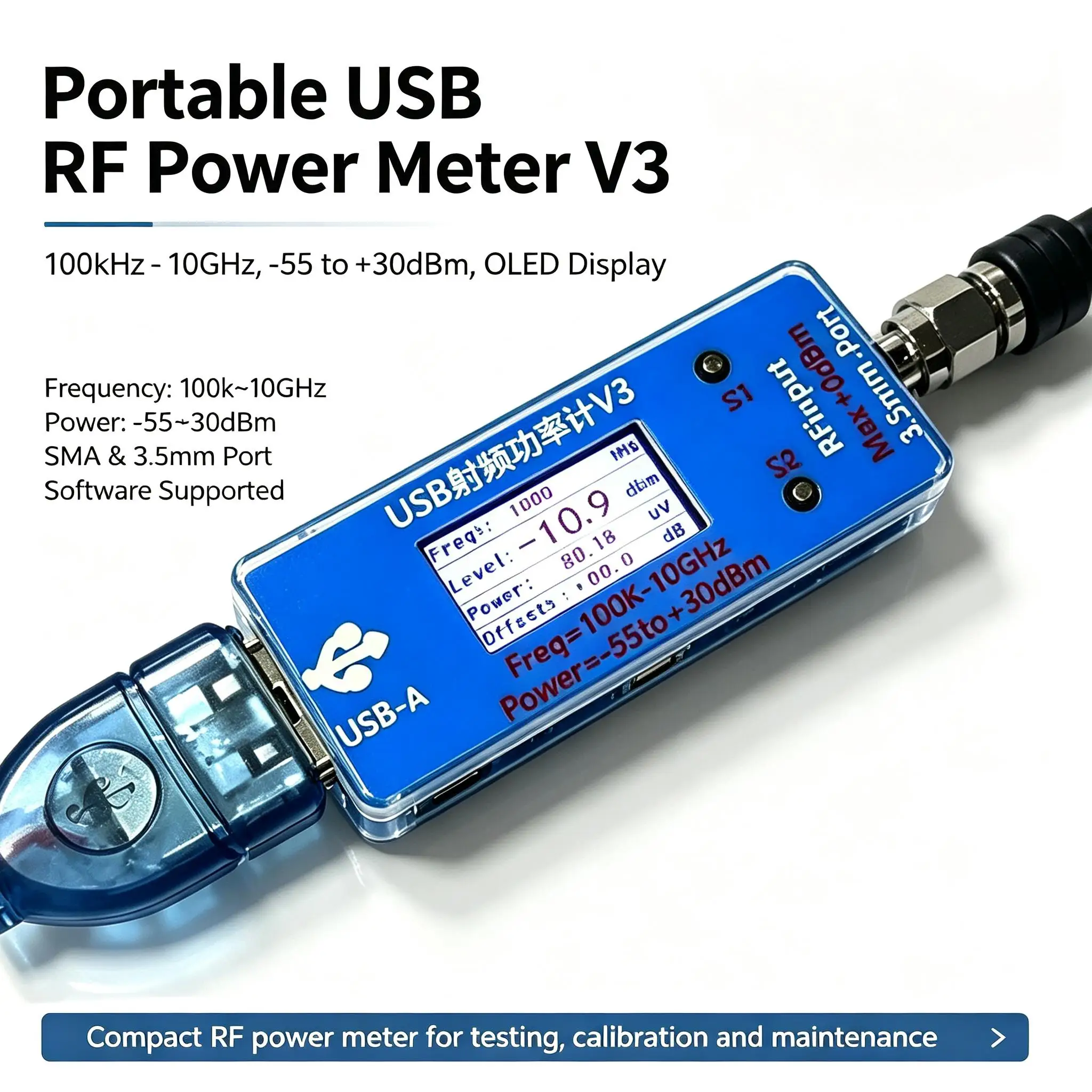 DYKB Portable USB RF POWER METER V3 100kHz~10GHz OLED Display -55~+30dBm With Upper Computer Software FOR Calibration Test Maint