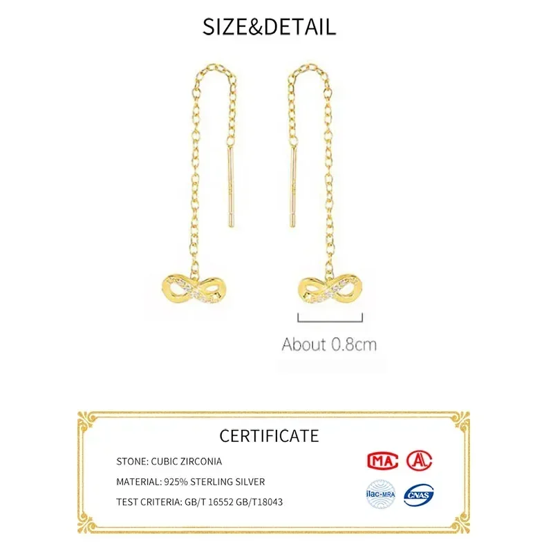 INZATT Real 925 Sterling Silver zircone numero Infinite orecchini a bottone con nappe a catena in oro 18 carati per le donne regalo di gioielleria