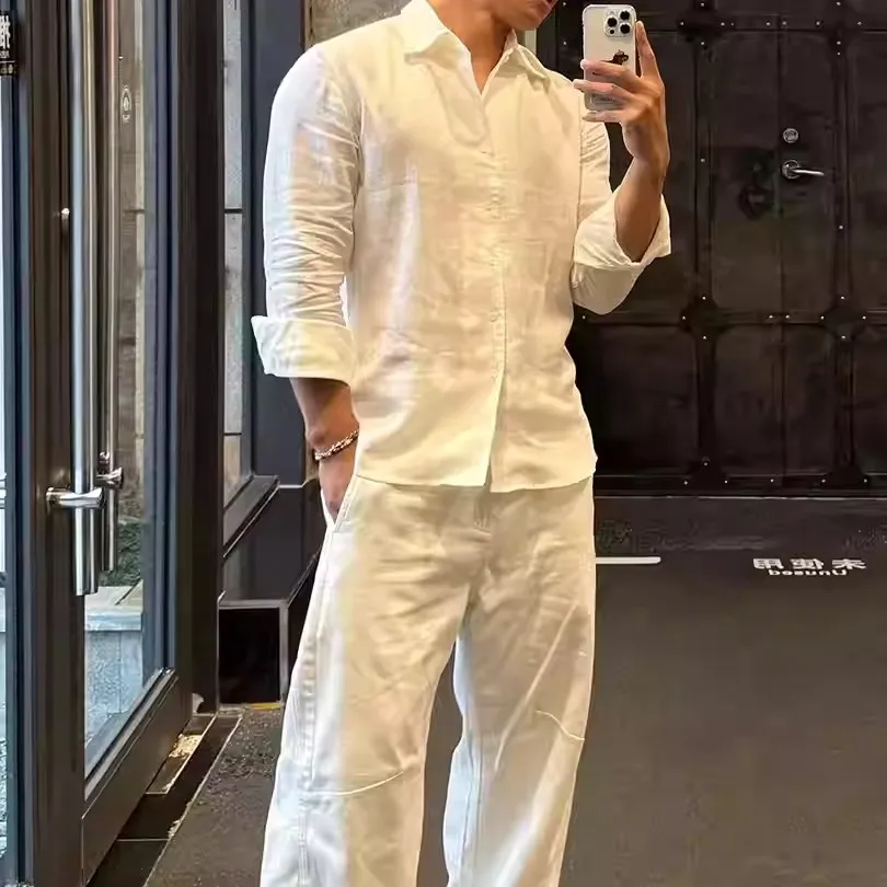 

American Style Cotton Linen Pleated Shirt Set Men's Texture Slim Fit Long Sleeve Thin Lyocell Linen Long Pants Two Piece Set ...
