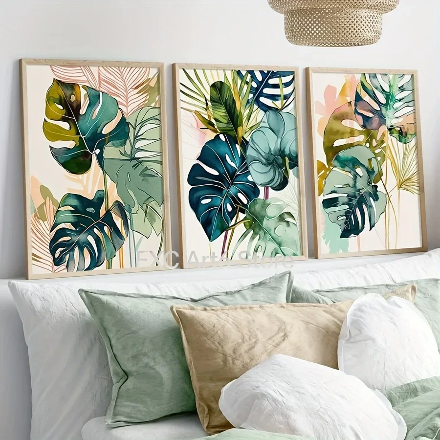 3pcs frameless -2D Flat, Set of 3 Tropical Plants Wall Art, Monstera Poster, Watercolour Green Palm Leaf Print, Gallery Moder