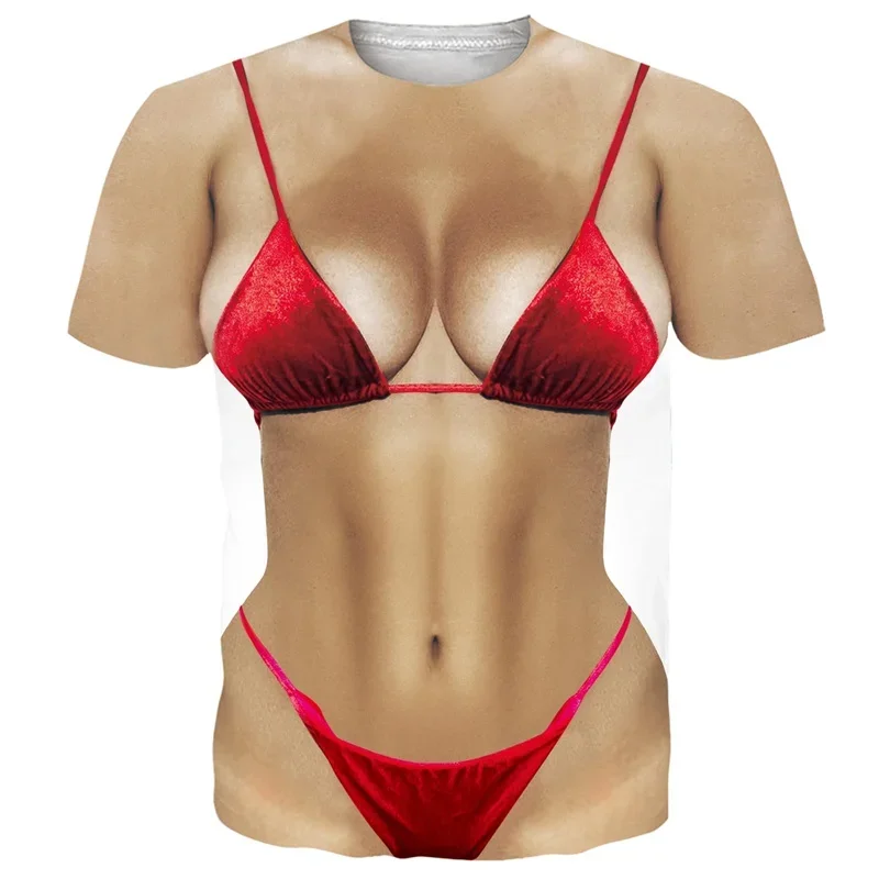 

Interesting Bikini T-shirt, Fake Abdominal Muscle Printed 3D Men's Round-neck Women's Short-sleeved T-shirt, Extra-large T-shirt
