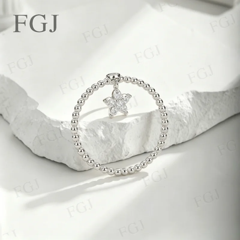 D Color Moissanite Daisy Flower Ring S925 Silver Shiny Star Bead Swing Pendant Finger Ring Women Fine Jewelry Gift