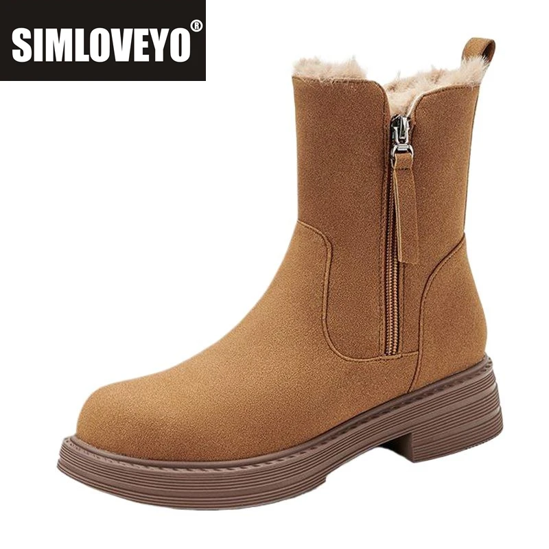 

SIMLOVEYO 2024 Female Ankle Boots Round Toe Thick Heels 4cm Big Size 41 42 43 Plush Leisure Daily Bota
