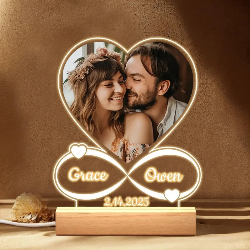 Personalizado acrílico romântico em forma de coração moldura de foto lâmpada de mesa personalizado dia dos namorados aniversário casal presentes