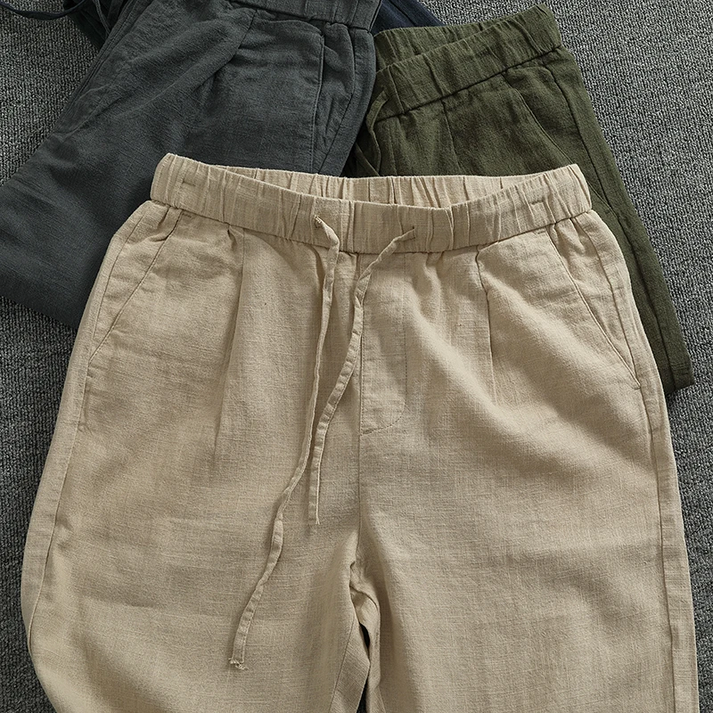 レトロな日本風アート麻メンズルーズストレートチューブコーンパンツ綿麻トレンディビジネスカジュアル万能ロングパンツ