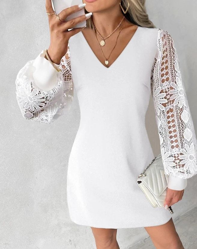 

Women's Dress Elegant Commuting Fashion Solid Color V-Neck Lantern Long Sleeve Hollow Out Lace Patch Casual Line A Mini Dress