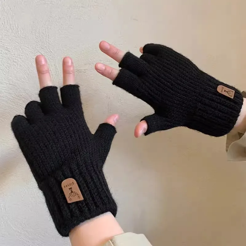 Writting Office Half Finger Gloves Men Women Winter Cashmere Knitted Thick Thermal Fingerless Gloves Solid Warm Driving Mittens