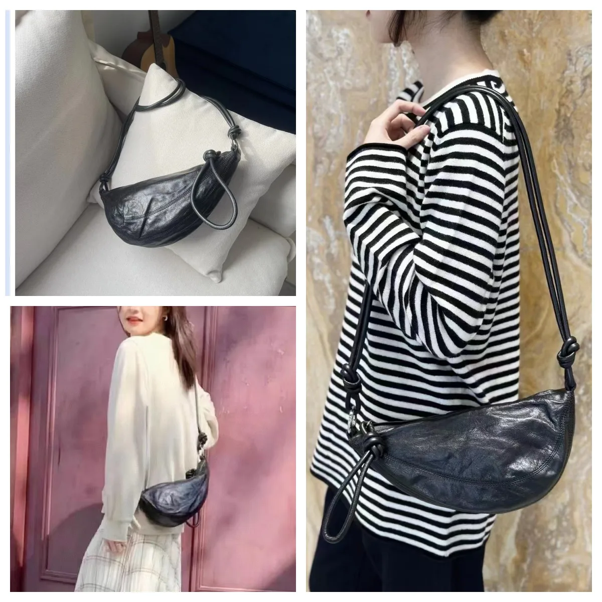 

2024 New Irregular Arc Crack Sheepskin Crossbody Bag, Shoulder Bag, Belt Bag, Leather Horn Bag, Crescent Moon Women's Bag