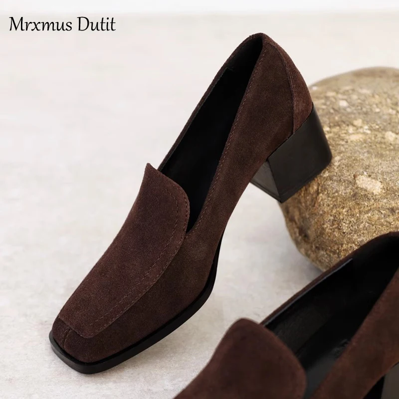 Mrxmus Dutit 2024 Autumn New Women Genuine Leather Vintage Suede Shoes Solid Thick Mid Heel Loafer Shoes Versatile Female Chic