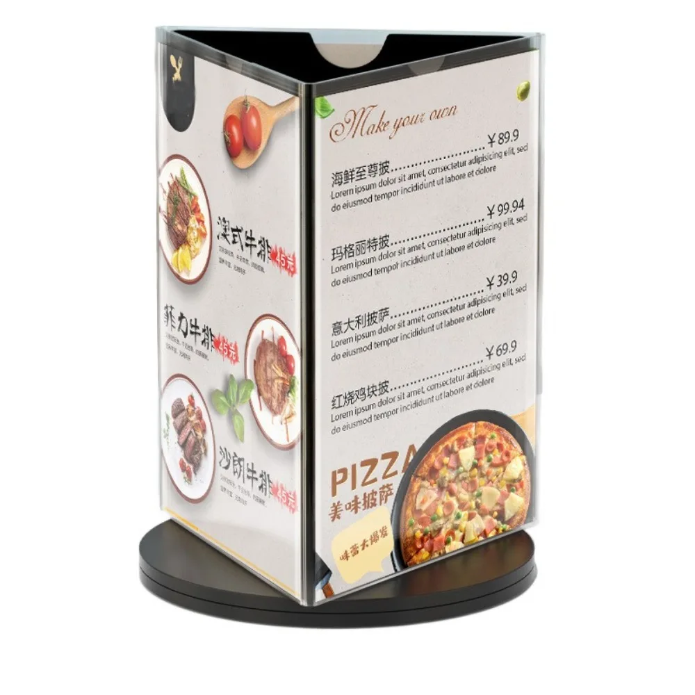 360 Degree Rotating Menu Sign Holder Smooth swivel Reusable Menu Cover Display Stand Three Side Waterproof
