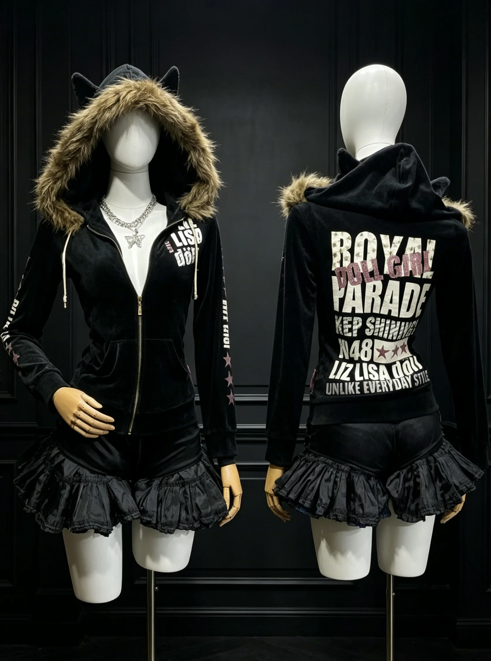 European and American Gothic Slim Fit Fur Collar Zipper Hoodie Autumn Letter Pattern Print Design Sense niche Jacket