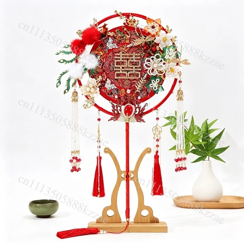 Chinese Style Long Handle Bridal Hand Fan Handmade Silk Flower Tassel Decorative Fan for Wedding Photography Hanfu Cosplay Costu