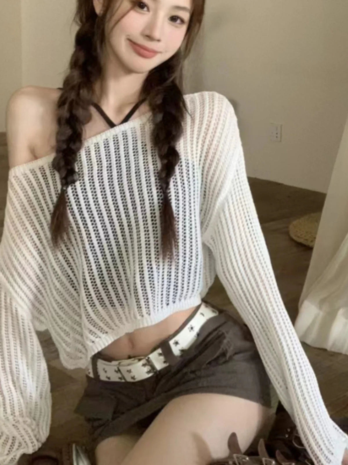 

Spring 2026 Women's Loose Knitted Hollow out Long Sve Faion Top Slimming Effect Casual Sle Commute Friendly Design