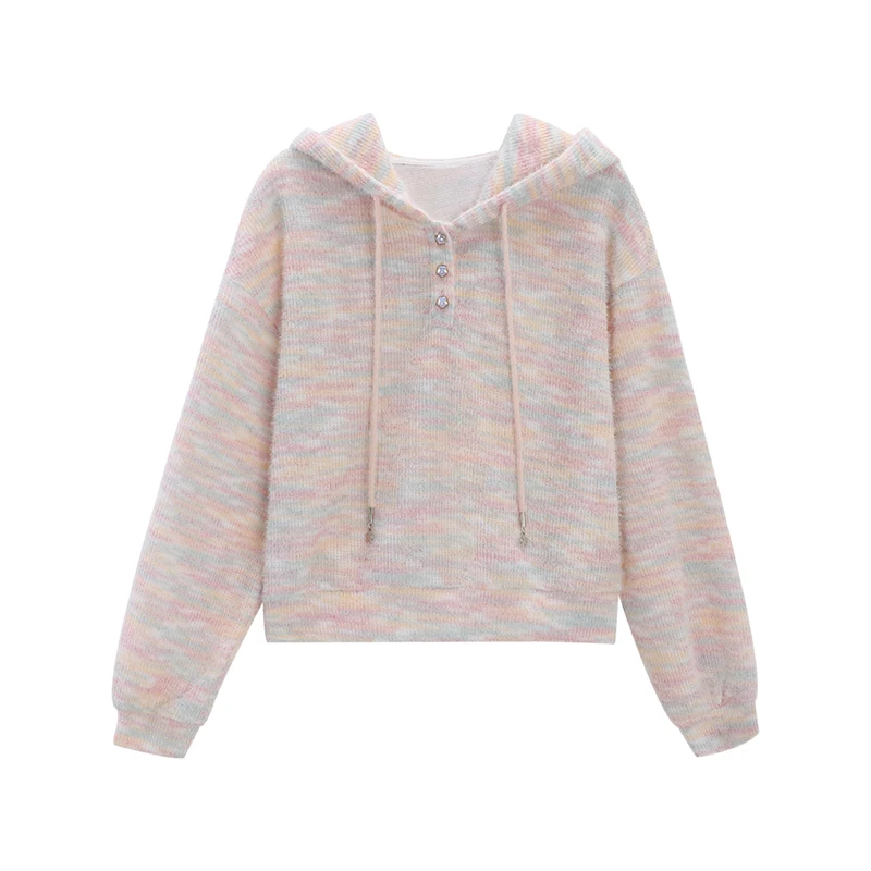ALXNAN Women's Hoodies Striped Loose-fit Button Knitted Sweatshirt Drawstring Hooded Autumn New Casual Commuting Pullover L57118