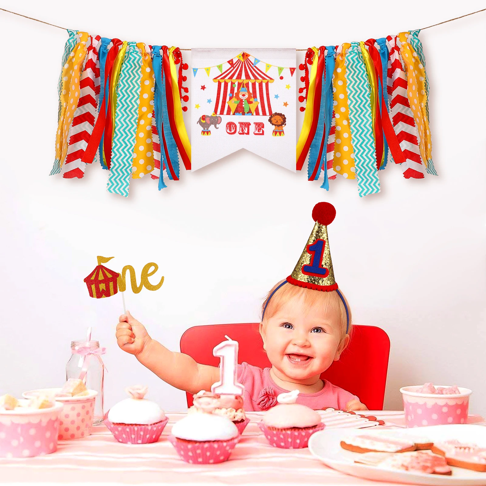 

3 Pcs Birthday Party Banner Decorations First Carnival Theme Number One Year Old