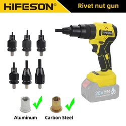 HIFESON Electric Rivet Gun Rechargeable Automatic Rivet Nut Gun Riveting Tool Nut Head M3-M10 Without Battery