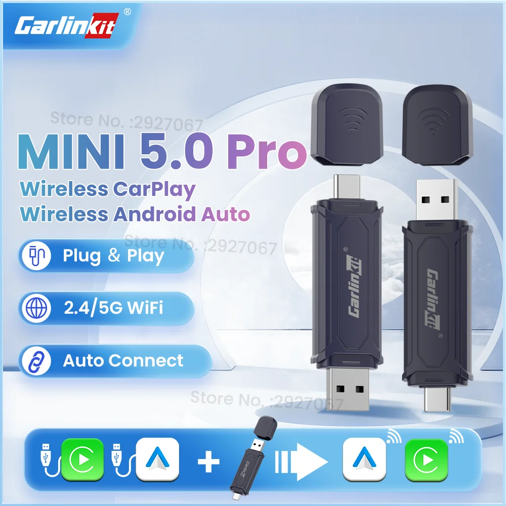 CarlinKit 5.0 Pro MINI Wireless CarPlay and Android Auto Adapter Dual Mode Wired To Wireless USB Dongle Plug & Play For OEM Car