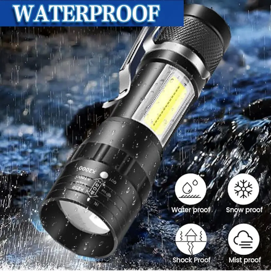 Rechargeable LED Flashlight High Lumens Super Bright LED Torch Light with COB sidelight 3 Modes Zoomable Handheld Work Light