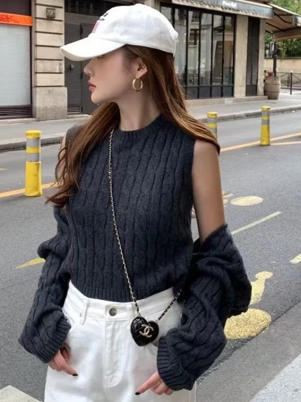 

Шикарный осенний винтажный вязаный свитер, жилет или комплект из двух предметов, универсальная верхняя одежда с запахом и запахом, Faionable