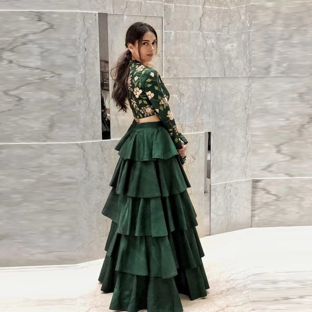 

Elegant Skirt Tierred Ankle Length Saias A Line Fashion Party Skirt For Women Hunter Green Maxi Skirts Long Zipper Clousure