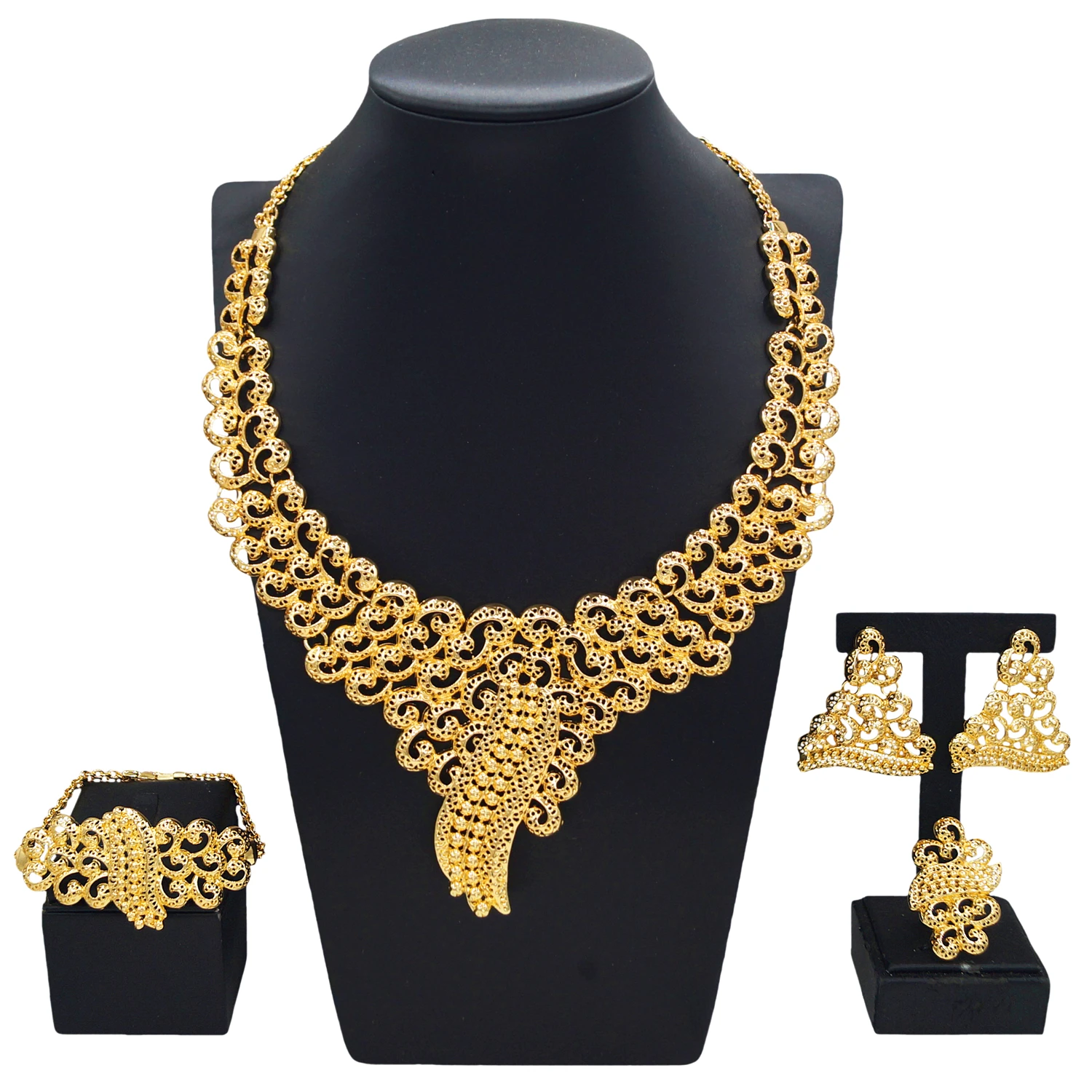 Jewelry Set Women Italian Brazilian Gold Plated Luxury Wedding Necklace Earrings Bracelet Set Gold Colors Party Jewelry