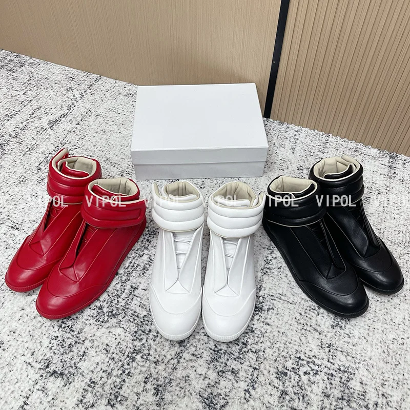 Unisex Genuine Leather High Top Ankle Boots Futuristic Padded Wide Strap Cuff Slip On Streetwear Fashion Sneakers  Casual Shoes
