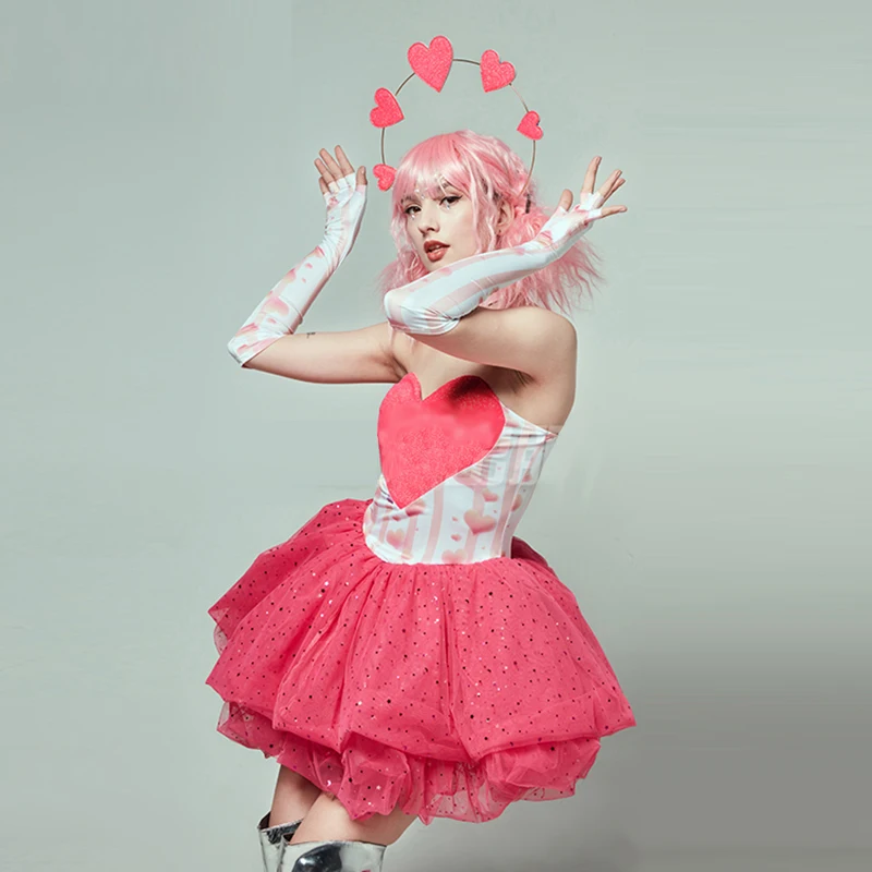 Sweet Girls Pink Heart Pettiskirt Female Nightclub Gogo Jazz Dancing Performance Wear Festival Dress Rave Clothes