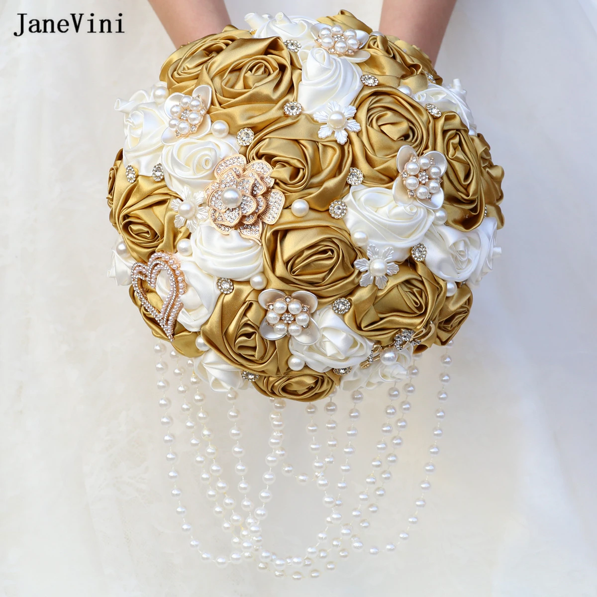 

JaneVini Luxury Light Gold Ivory Flowers Bridal Brooch Bouquets Pearls Artificial Satin Roses Rhinestone Jewelry Wedding Bouquet