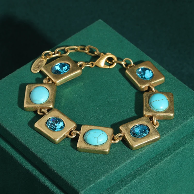 

Antique Square Gold Plated Turquoise Bracelets Gradient Blue Crystal Designer Luxury For Women 2026 Banquet Charm Art Deco Trend