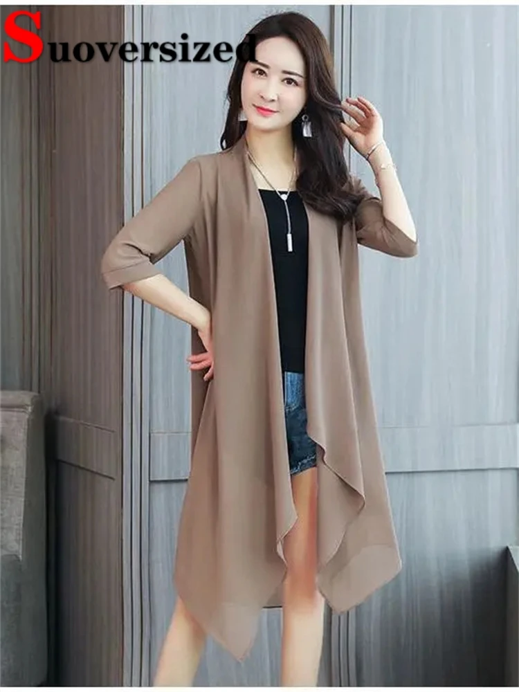 Chiffon Sunscreen Mid-length Shawl Coat Summer Thin Loose Tops Oversized Casual Lightweight Cardigan Women Half Sleeve Outerwear