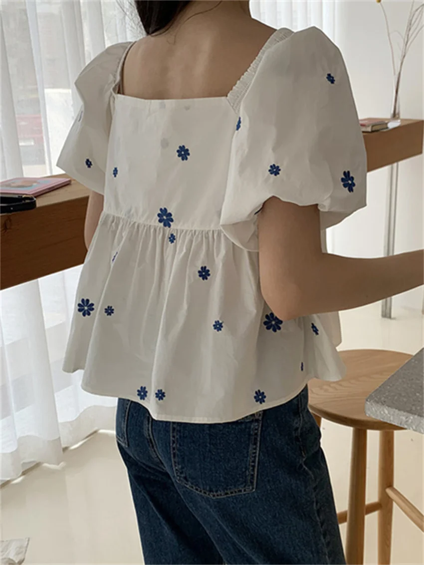 Alien Kitty Summer V-Neck Loose Puff Sleeves Flowers Girls 2022 Slim New Sweet Femme Florals Prom High Waist Chic Blouses Shirts