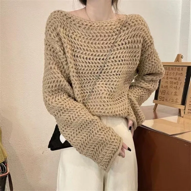 DAYIFUN French Hollow Knitted Sweater for Women Solid Color Long Sleeved Female's Sweaters Women's Chic Round Neck Pullover Tops