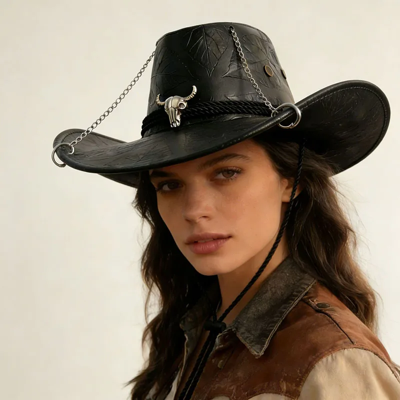 

New Unisex Vintage Western Cowboy Hat Faux Leather Bull Skull Chain Outdoor Wide Brim Sun Cap Men Women Halloween Party Jazz Hat
