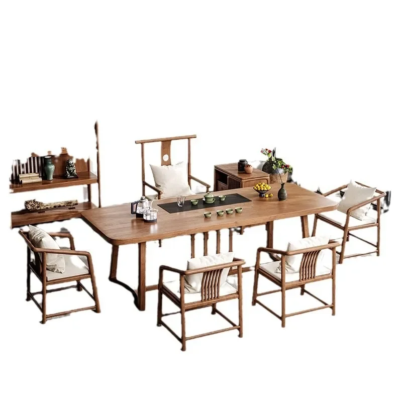 New Chinese solid wood tea table and chair combination Zen living room home tea set A complete set of tea tables, high-end