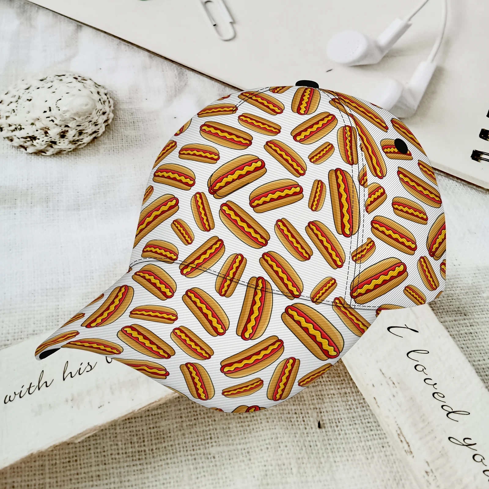 Hot Dog Print Baseball Cap Cartoon Fast Food Pattern Adjustable Dad Hat Breathable Sun Hat for Foodies Street Food Lovers