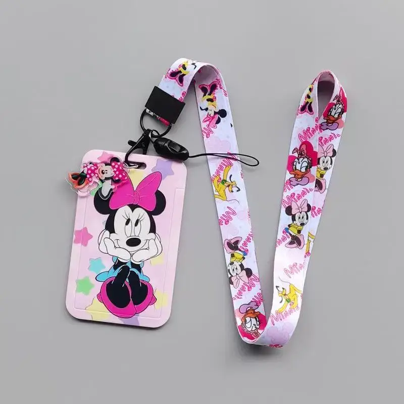 Set Kartu PVC Kartun Disney Minnie Set Kartu Tas Leher Anime Kampus Pelajar Set Kartu ID Tali Gantung Gantungan Kunci